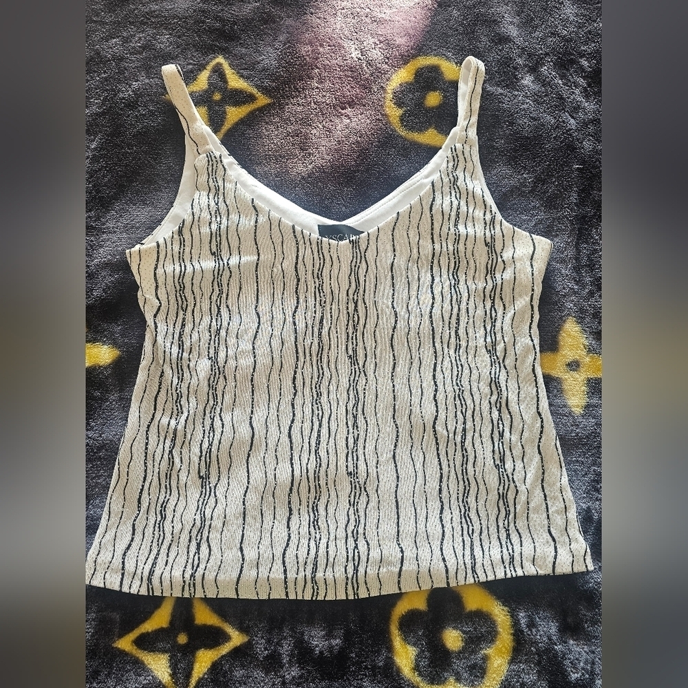 XSCAPE Metallic Glitter Stripe V-Neck Camisole Top Medium